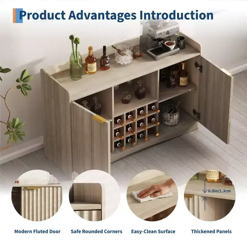 47W Modern Wine Bar Cabinet, Freestanding Coffee Bar Cabinet with 9 Glass Holders & 12 Wine Racks, Wooden Sideboard Buffet Cabinet, Brown