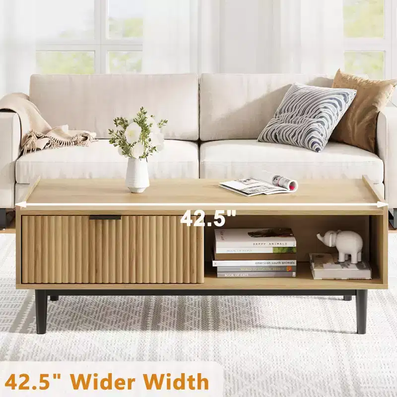 Coffee Table 42.5 Mid Century Modern Center Table with Drawer Fluted Living Room Table with Open Shelf Rectangle Coffee Table Easy Assembly