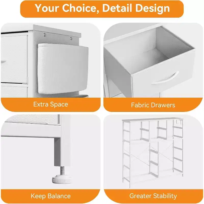 10 Drawers Dresser for Bedroom - Chest of Drawers with Side Pockets and Hooks, Fabric Tall Dresser Storage Tower with Metal Frame