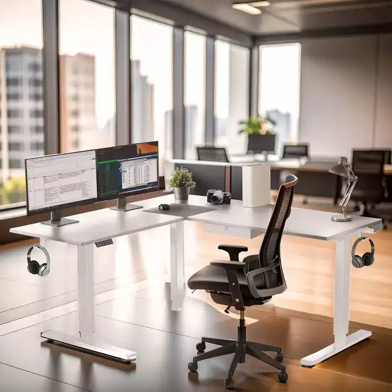 Mount-It! XL Electric Height Adjustable Corner Standing Desk, White Frame and White Tabletop