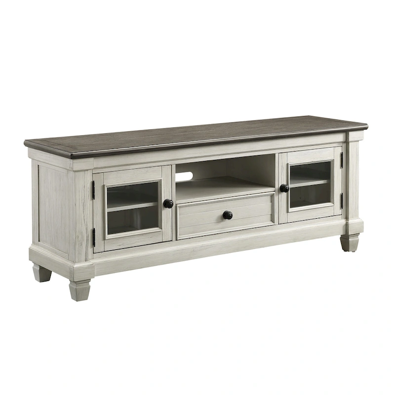 Rome 64 Inch TV Media Entertainment Console, White, Brown, Solid Wood