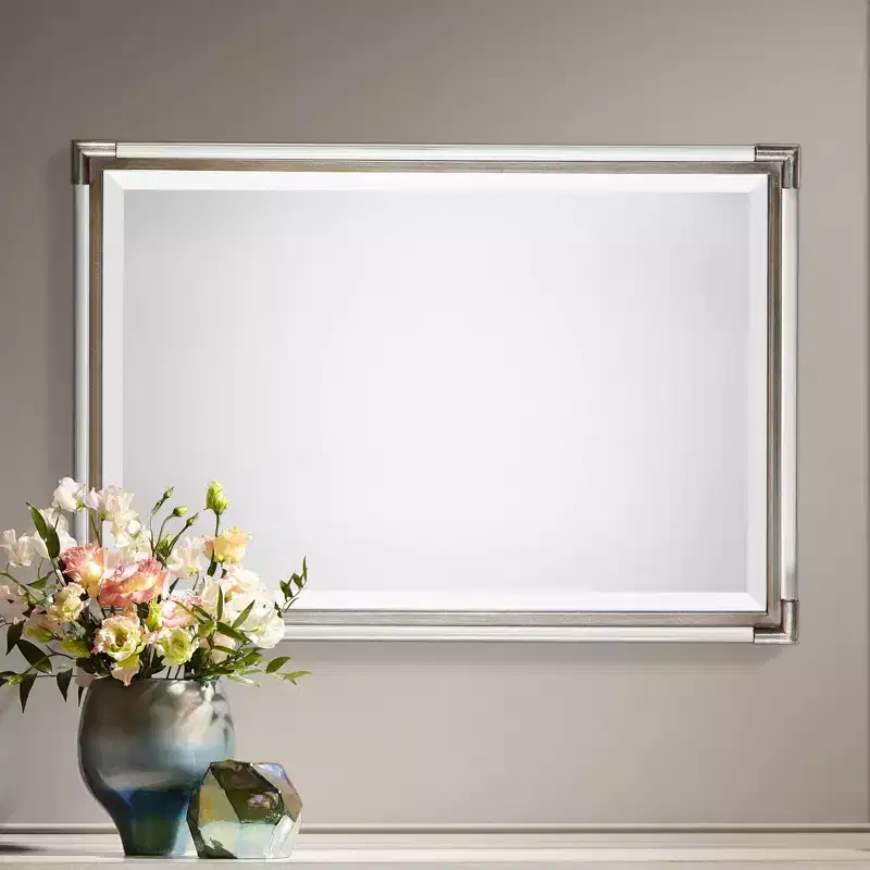 Rectangular Vanity Accent Wall Mirror Modern Beveled Silver Leaf Acrylic Rod Frame 23 Wide for Bathroom Bedroom Home
