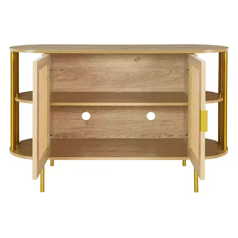 2-Door Curved Sideboard Cabinet with Gold Trim and Woven Rattan Doors for Dining Room, Natural
