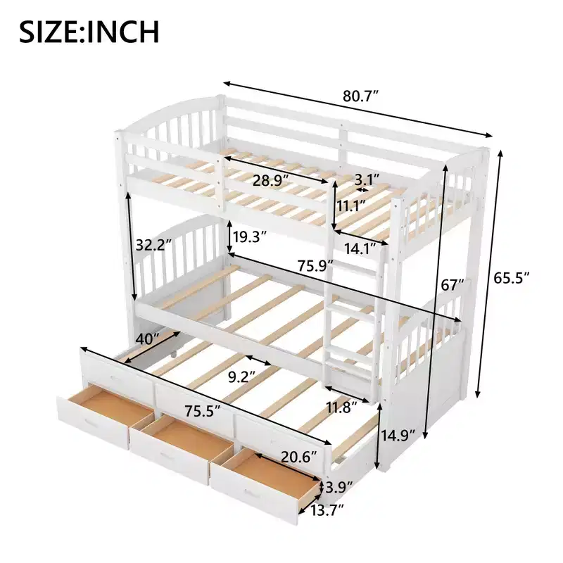 Wood Twin over Twin Bunk Bed with Ladder, Trundle & Drawers