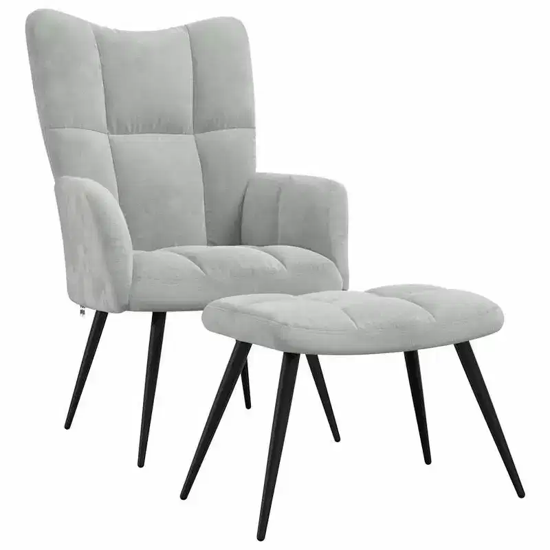 Light Grey Velvet Relaxing Chair with Footstool