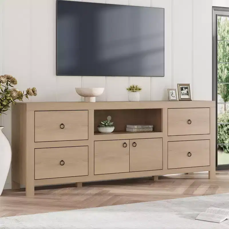 Farmhouse TV Stand for 75/80 Inch TVs, 70 Long Entertainment Center with 6 Storage Drawer & Soundbar Shelf, Brown Television Consoles Stands