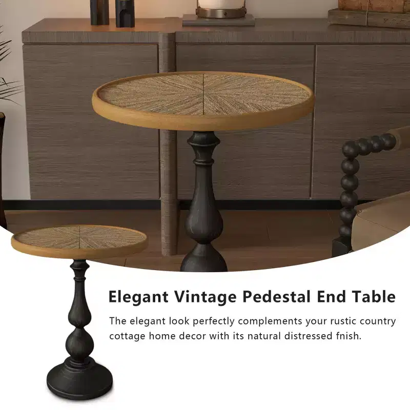 VIYET 23 Retro Round Wooden End Table - French Country Metal Pedestal, Natural Wood