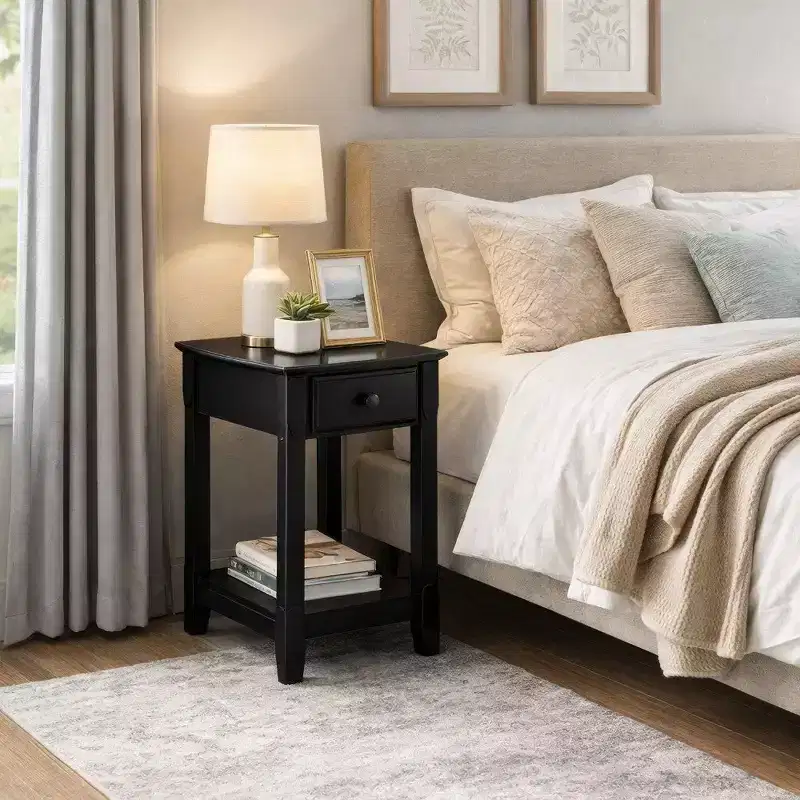 Black Wood End Table with Drawer and Open Shelf