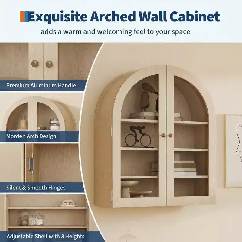 Modern Arched Wall Mounted Medicine Cabinet, Adjustable Shelves, Modern Wood Storage, for Kitchen, Living Room