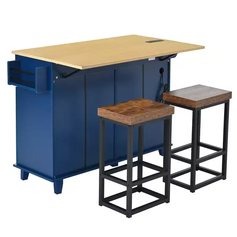 Farmhouse Kitchen Island with Drop Leaf, Drawers, Power Outlet and 2 Seats