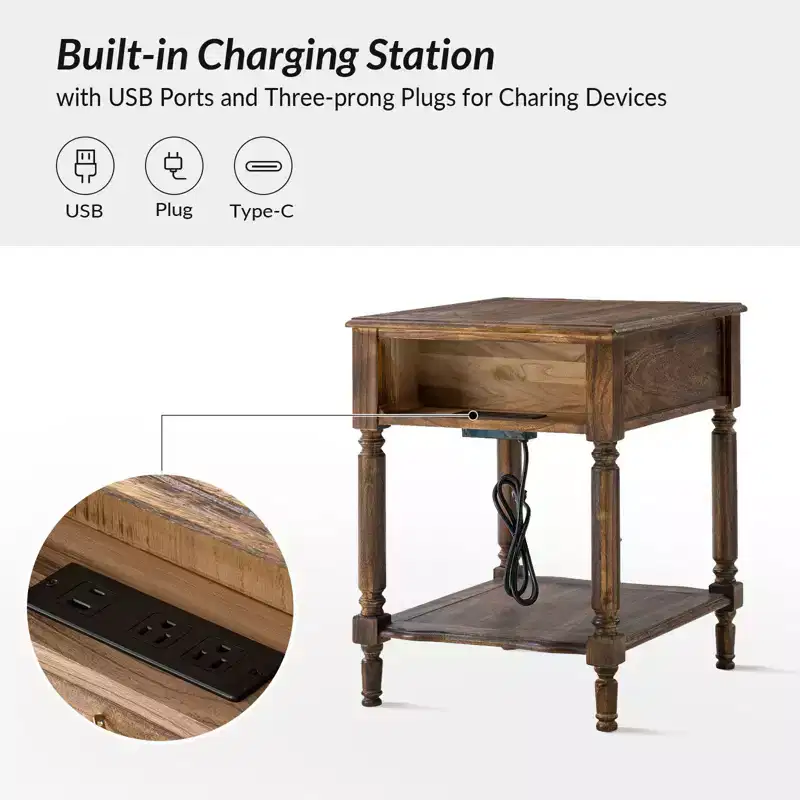 Alex 26 Tall 1 Drawer End Table Set of 2 with Built-in Charging Station|HULALA HOME
