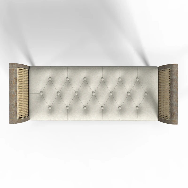 Dilwen Wooden Tufted Upholstered Bench with High Flared Rattan Arms