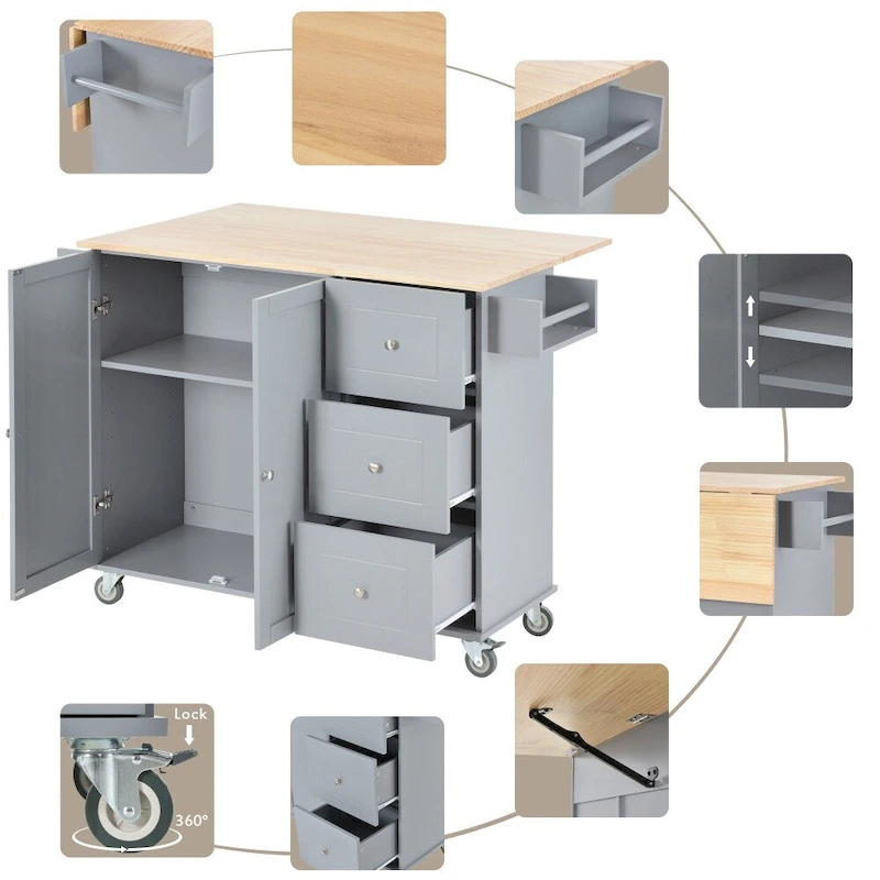 52.7 Rolling Mobile Kitchen Island with Solid Wood Top