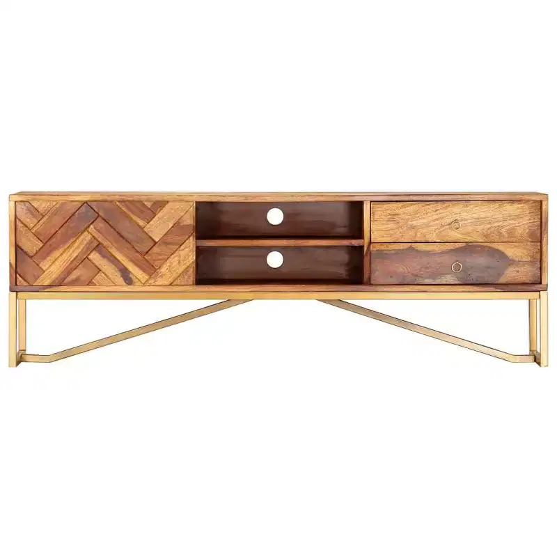 vidaXL TV Cabinet Brown Solid Sheesham Wood, Brass powder-coated iron