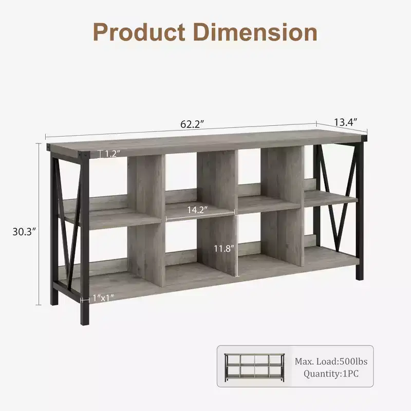 62 Narrow Sofa Table, 8 Cube Storage Organizer Bookshelf, 3 Tier Industrial Bookcase, Couch Entry Console Table, for Entryway, Living Room