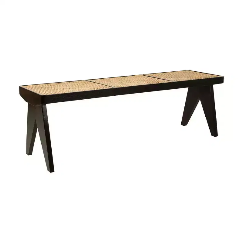 Bench Black: Handwoven Rattan, Mango Wood Base, Rectangle Shape, Unupholstered