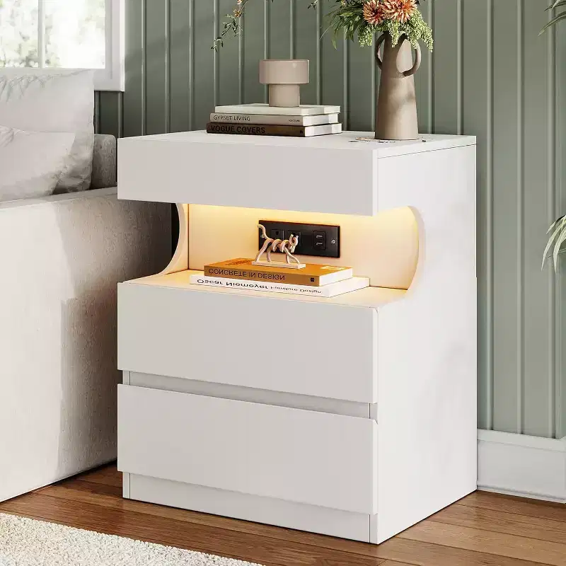 White Nightstand, Modern Bedside Table with Charging Station, 3 Drawer End Table with Ports & Outlets, U-Shape Open Shelf, White Night Stand