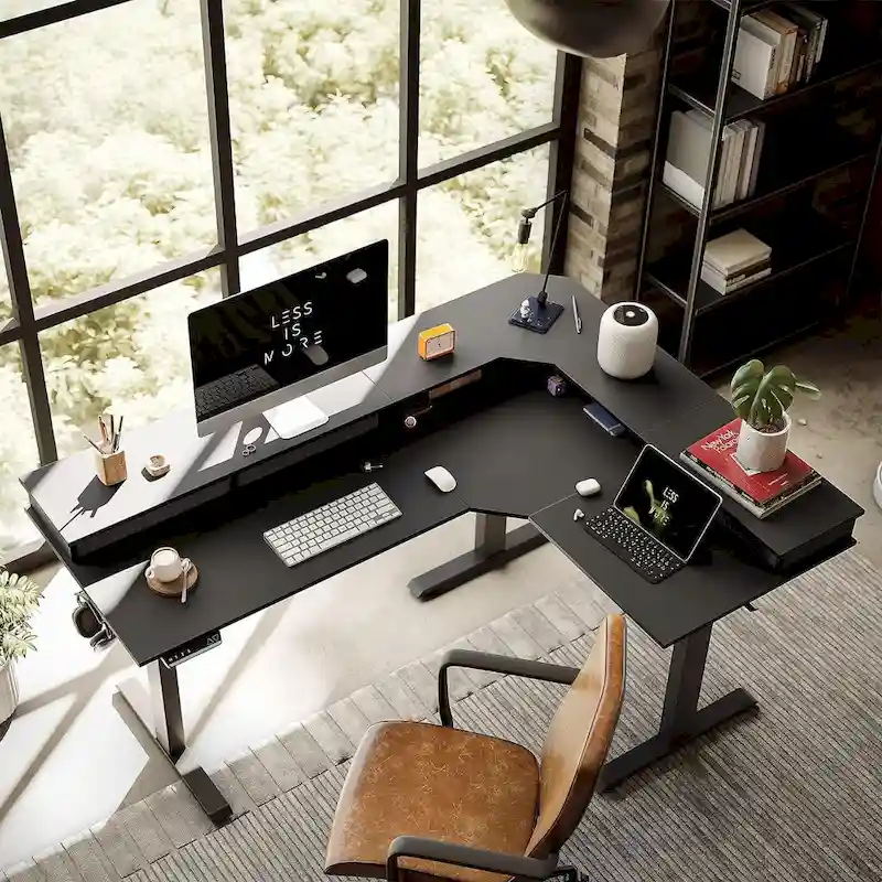 L-Shaped Electric Standing Desk with 3 Drawers & Lockable Casters, 63