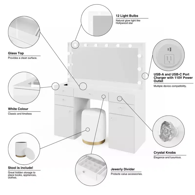 Georgina Lighted Crystal Knobs Makeup Vanity White - Boahaus