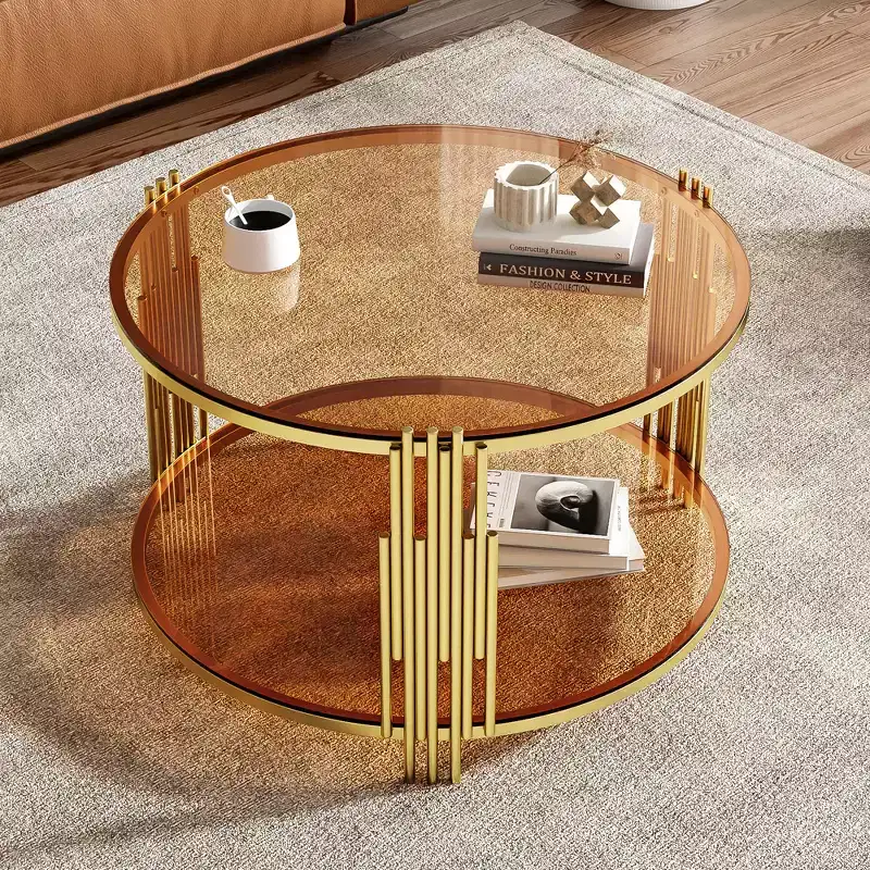 Glass Coffee Table with Dower Shelf, Modern Round Glass Center Table with Metal Frame for Living Room