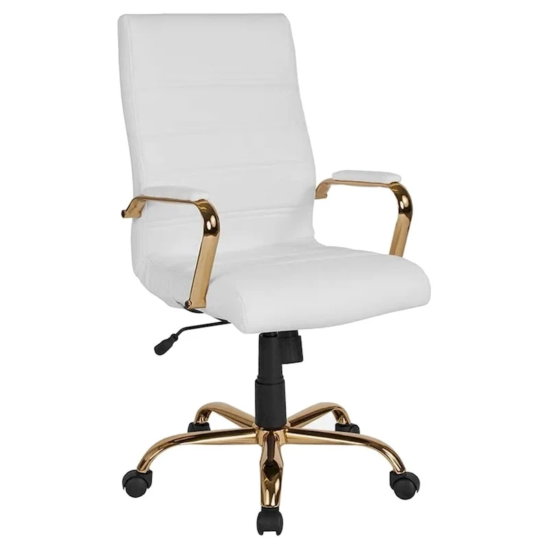 High Back White Leather Executive Swivel Office Chair with Gold Frame