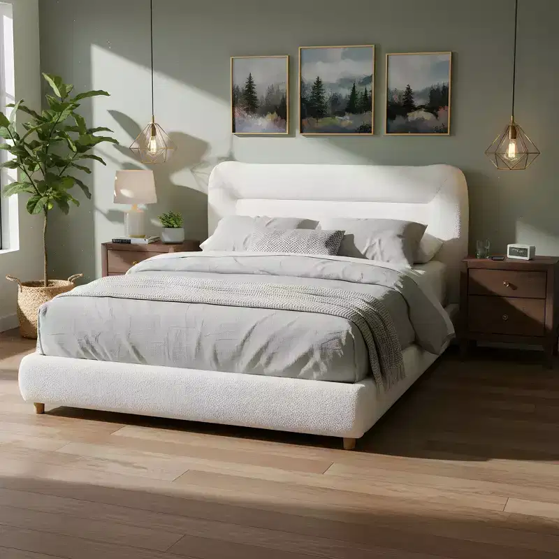Gray Curved Upholstered Platform Bed Frame, Queen/King, for 1-2 Adults