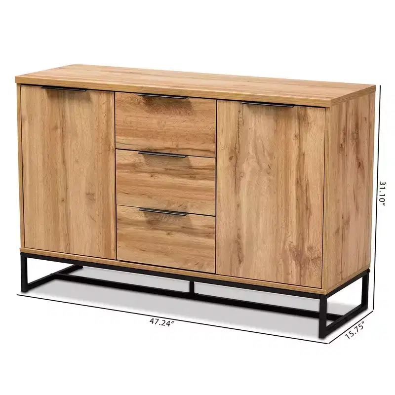 Reid Wood & Metal 3 Drawer Sideboard Buffet Oak/Black - Baxton Studio