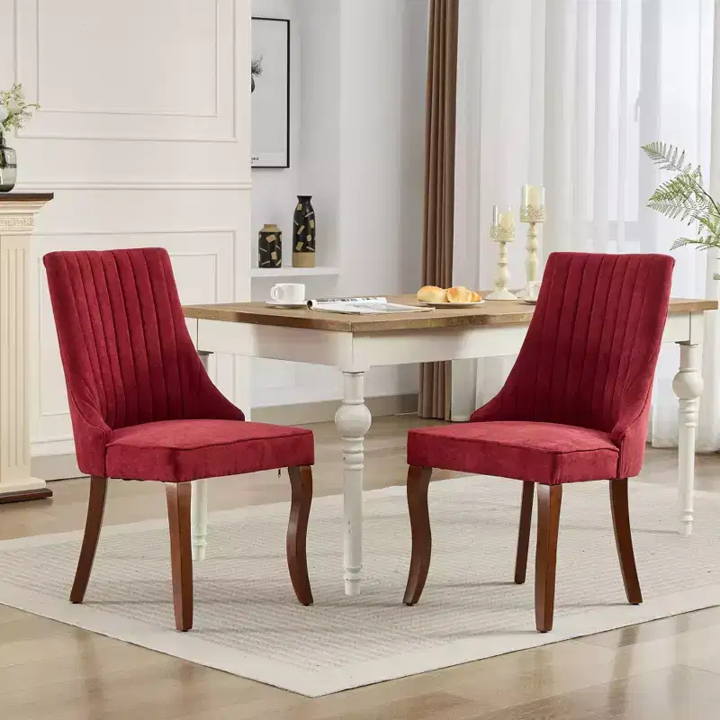 CLIHOME Set of 2 Rayon Cloth Flocking Linen Dining Chairs Channel Kitchen Dinner Chair Comfy Fabric Upholstered Accent Chair
