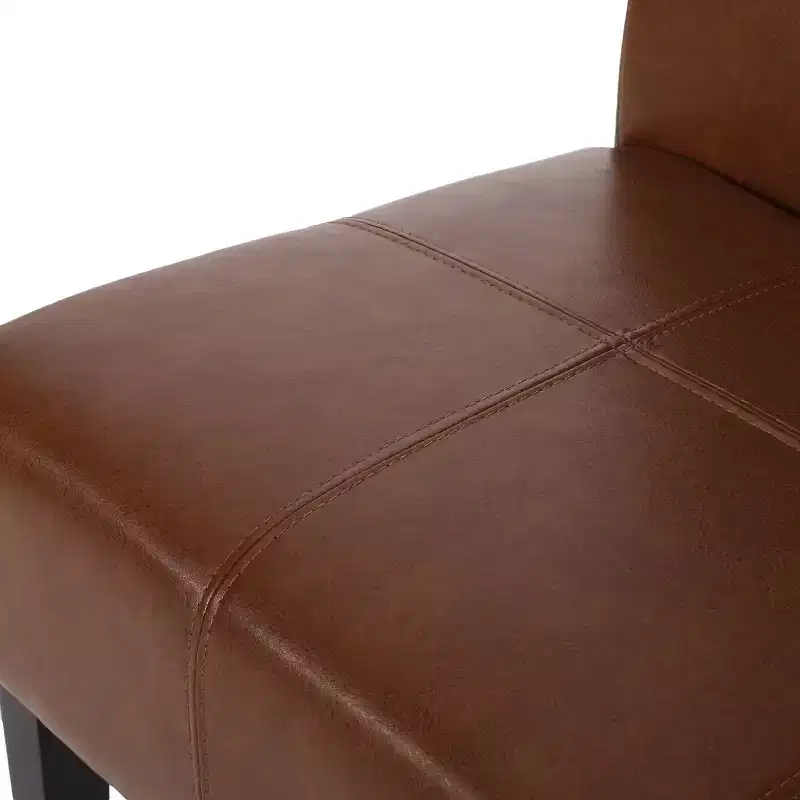 Set of 2 Faux Leather T-Stitch High Back Dining Chairs, Cognac Brown & Espresso Wood Legs