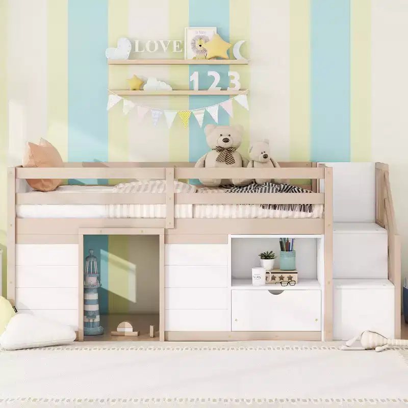 Okak Solid Wood Twin Loft Bed with Stairs & Storage,Low Profile Bunk Beds Twin with Drawers & Shelves,Multi-Functional Loft Beds for Kids,Teens
