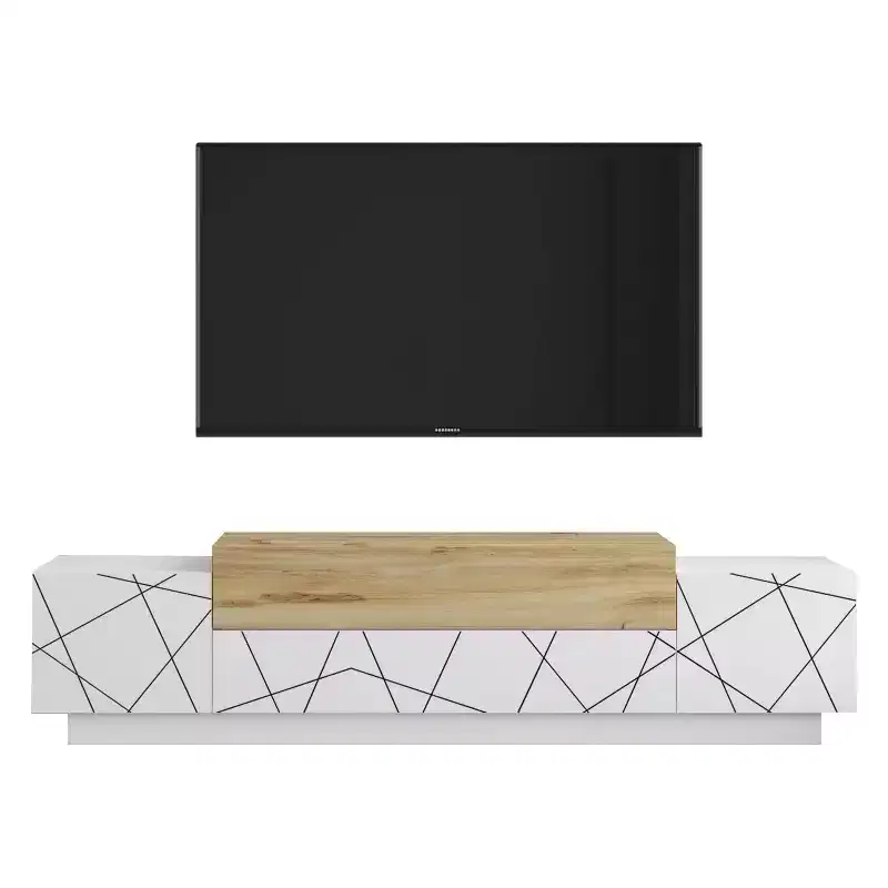Floyd TV Unit Stand White Felt - UV Print Entertainment Center Console 63 Inches with Storage Shelves & Doors