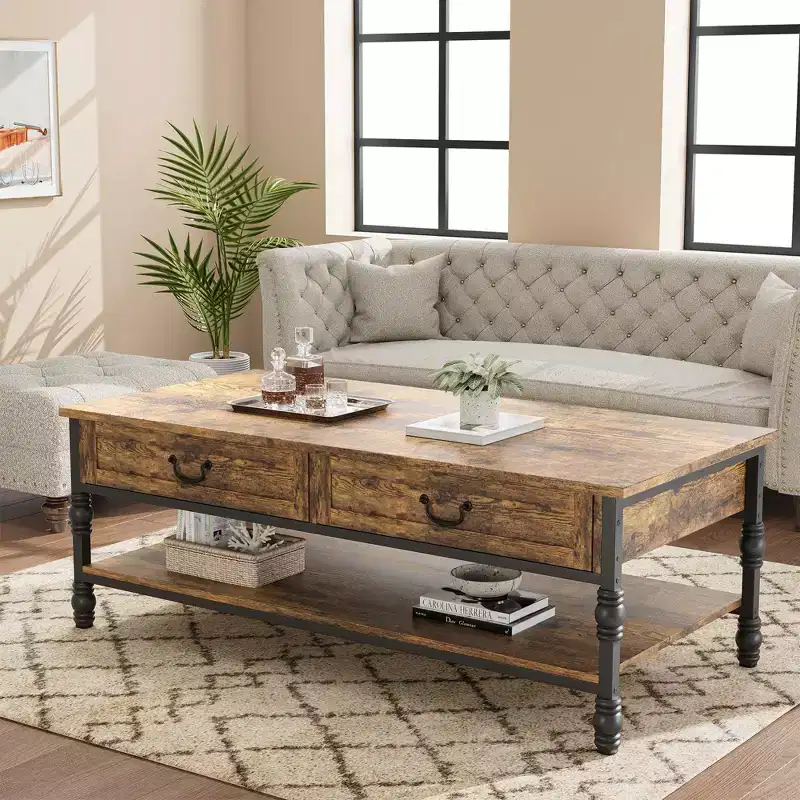 Coffee Table with Drawers 41 Large Center Table with Storage Rectangular Cocktail Table Tables Retro Living Room Table Vintage Tea Table,Brown