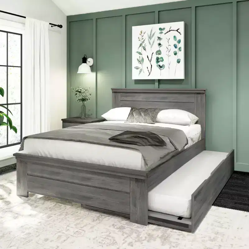 Solid Wood Farmhouse Full Bed with Panel Headboard & Trundle
