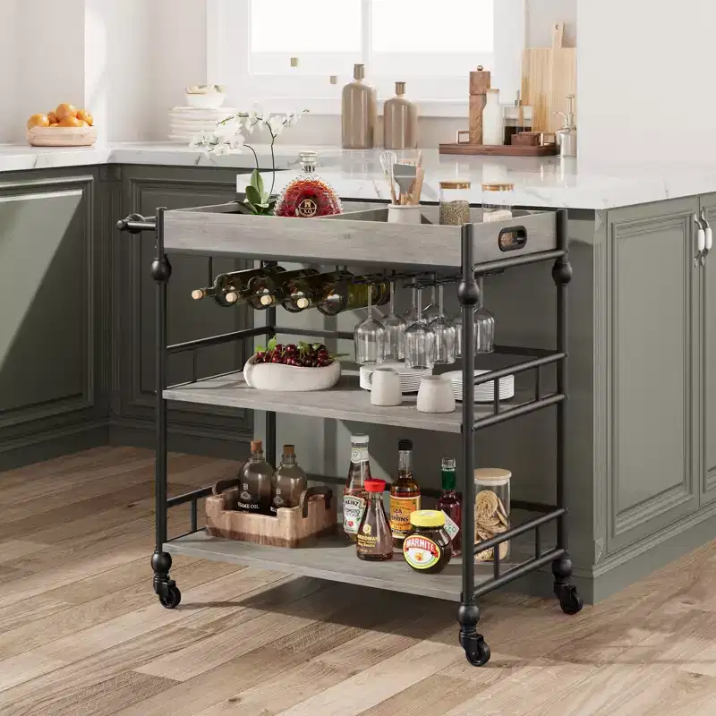 3-Tier Rolling Bar Cart with Wine Rack & Glass Holders, Drink Trolley On Wheels for Kitchen, Dining Room, Party