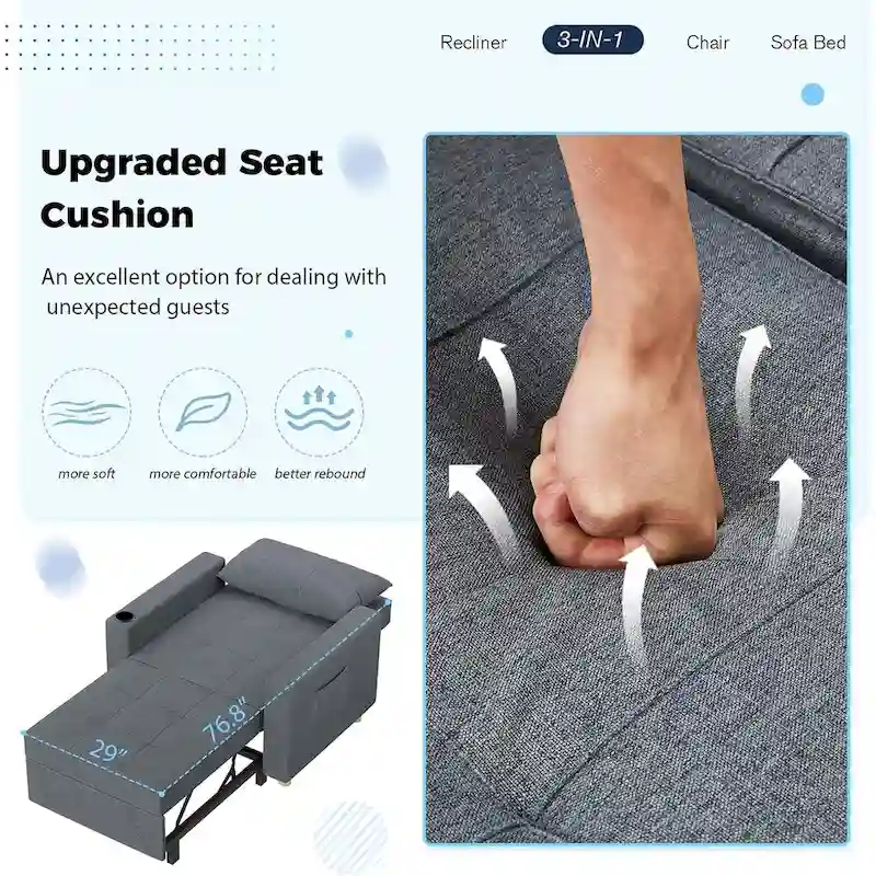 Adjustable Sleeper Chair Bed, 3-in-1 Convertible, Multiple Colors, Fits 1 Person