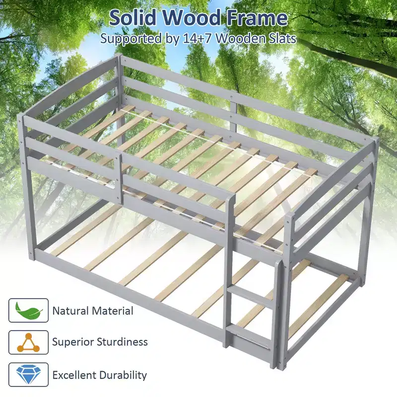 Costway Twin over Twin Low Bunk Bed with Guardrails Integrated Ladder Kids Wooden Grey/White/Beige/Pink