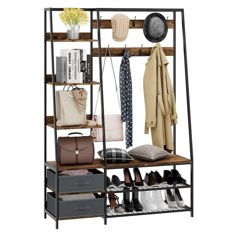 6-in-1 Freestanding Hall Tree Coat Rack w/ Bench & Fabric