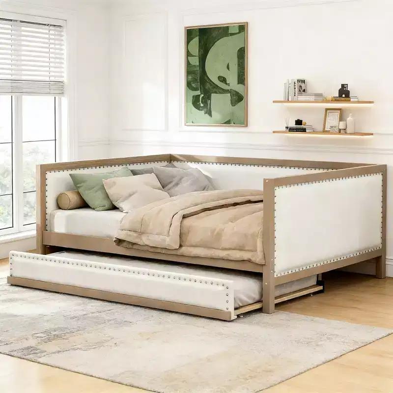 Luxystar Full Size Linen Upholstered Daybed with Trundle and Nailhead Decoration, Natural+White