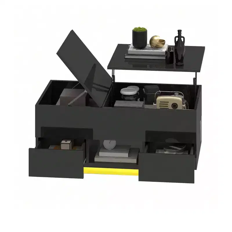 LED Lift Top High Gloss Coffee Table With Charging Station 2 Storage Drawers & Open Shelf For Living Room Organizer Modern Design