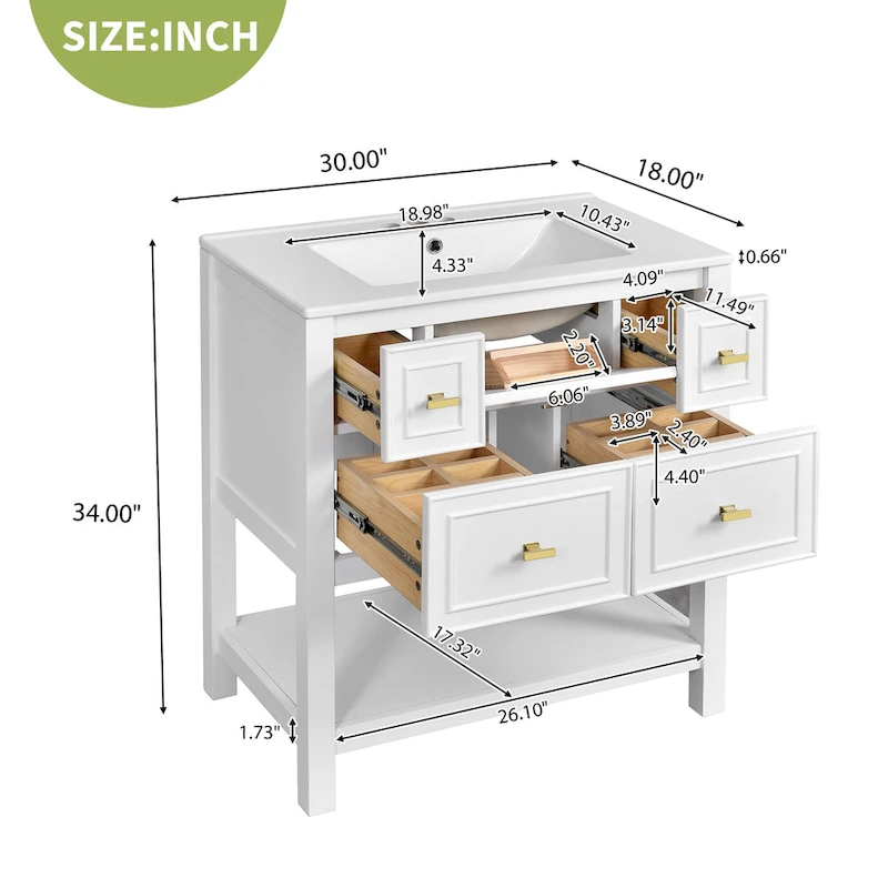 30 Bathroom Vanity with Ceramic Sink Combo, Free Standing Single Vanity Set with 5 Drawers
