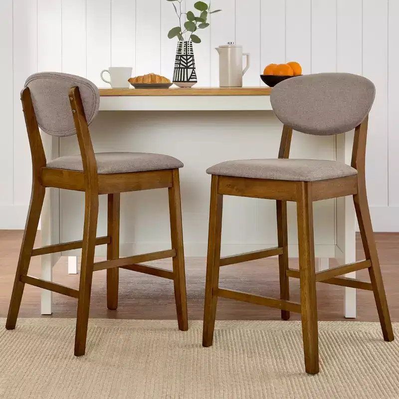 2-Piece Mid-Century Modern Wood and Upholstered Counter Height Bar Stool Set