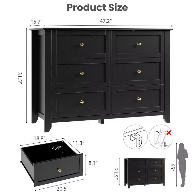 6 Drawer Dresser for Bedroom, Modern MDF Chest of Drawers with Deep Storage and Metal Knobs for Hallway Entryway