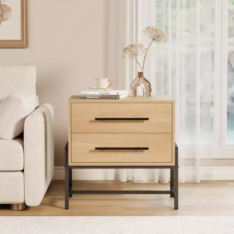 Mid Century Modern Bedside Table with 2 Storage Drawers, Nightstand,Light Wood & Metal Legs Side Table for Bedroom, Living Room, Light Wood