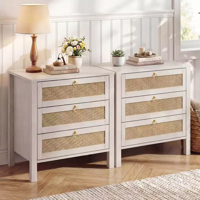 Set of 2 Rattan Nightstands, 3-Drawer Boho Wicker Bedside Tables with Golden Handles, Large Wood Side Tables for Bedroom & Living Room,White