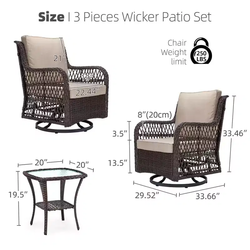 COZONY 3-Piece Outdoor Wicker Swivel Rocker Patio Set with 360 Swivel Rocking Chairs & Tempered Glass Side Table for Balcony Garden Deck