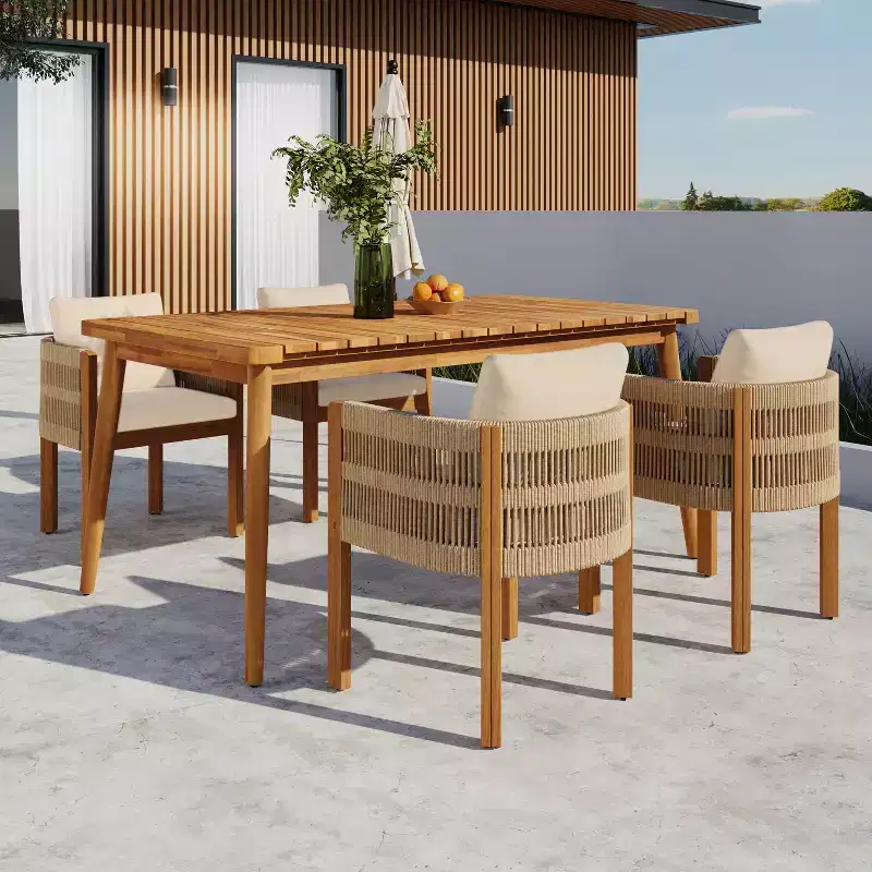 Christopher Knight Home Corin Elara 5 Piece Patio Acacia Wood Woven Rope Dining Set with Slatted Table and Cushions