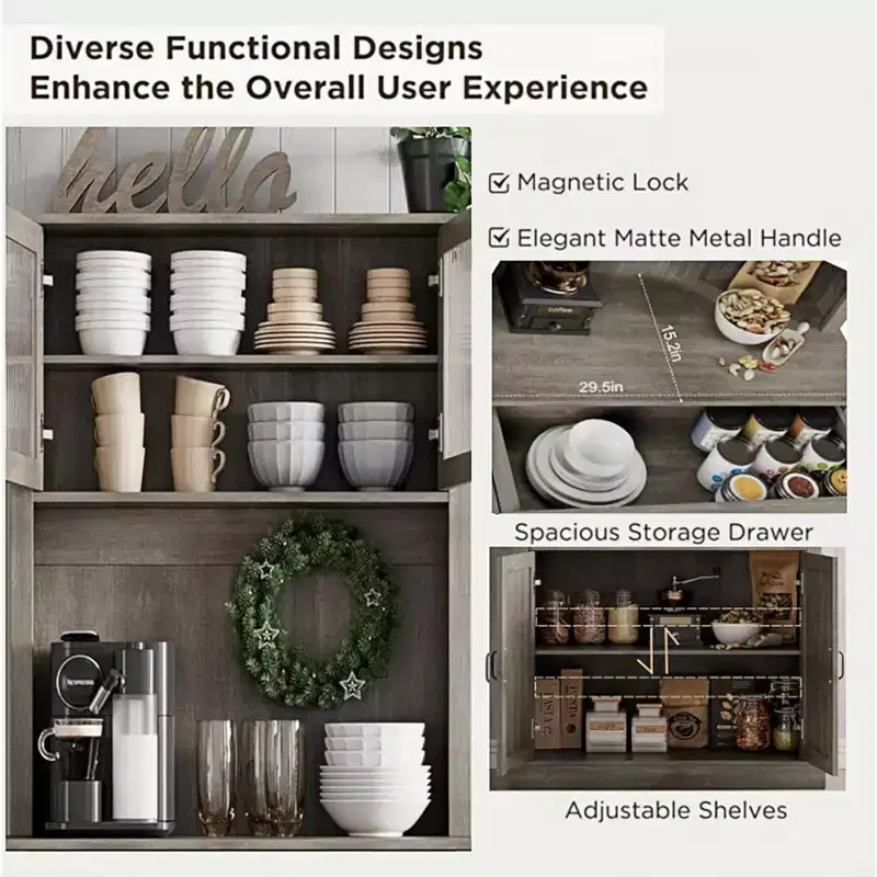 71 Tall Grey Kitchen Pantry Cabinet with Microwave Stand  Freestanding Storage with Glass Doors, Adjustable Shelves & Coffee Bar for Dining Room