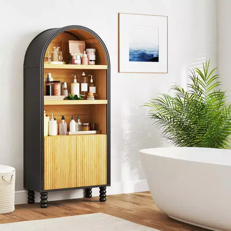 5-Tier Arched Bookcase with Open Shelves and Cabinet, Freestanding Display Storage Shelf
