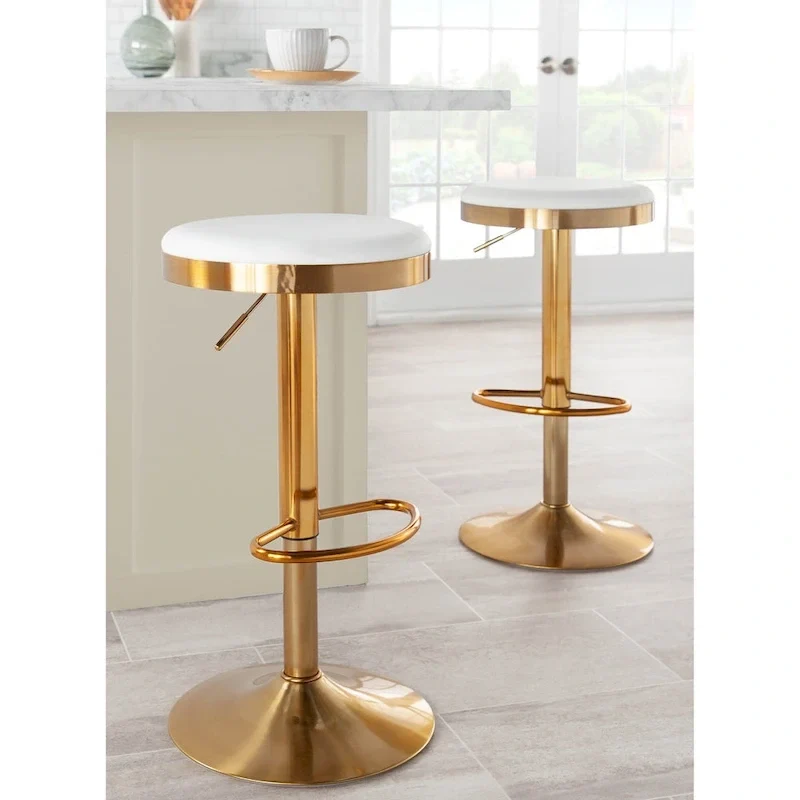 Set of 2 Counter Bar Stools | Gold Steel Frame | White Faux Leather | Adjustable Height
