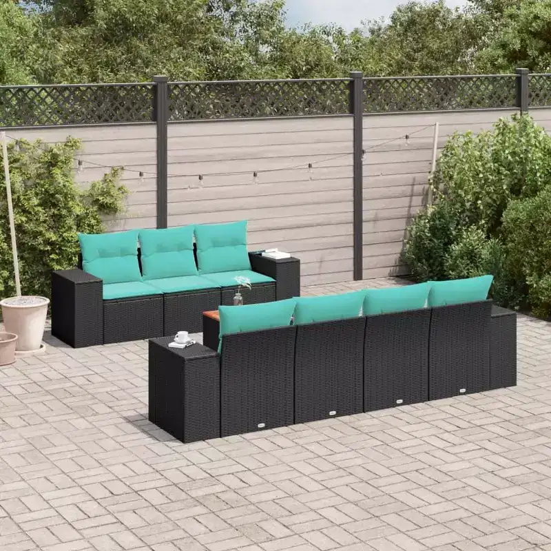 vidaXL 8 Piece Patio Sofa Set with Cushions Black Poly Rattan